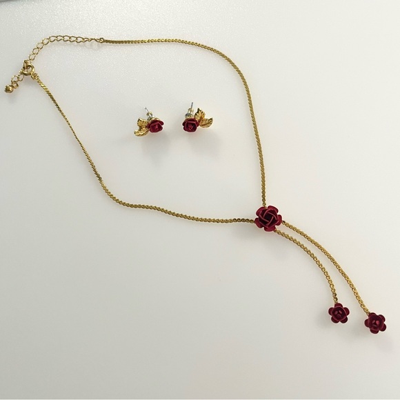 Vintage June Birth Flower Necklace and Earrings Set Gold Tone Red Rose Enamel - Picture 8 of 16
